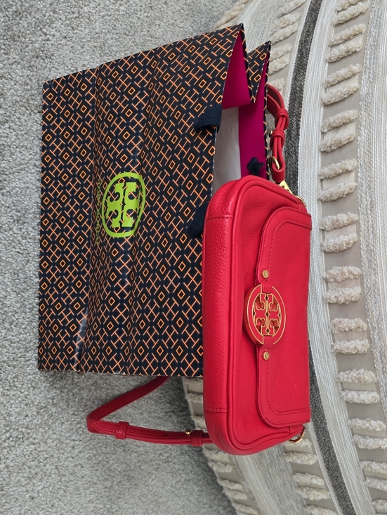 Tory Burch Handbags - Tory Burch Red Leather Flap Crossbody with Gold Logo Hardware & TB Shopping Bag!